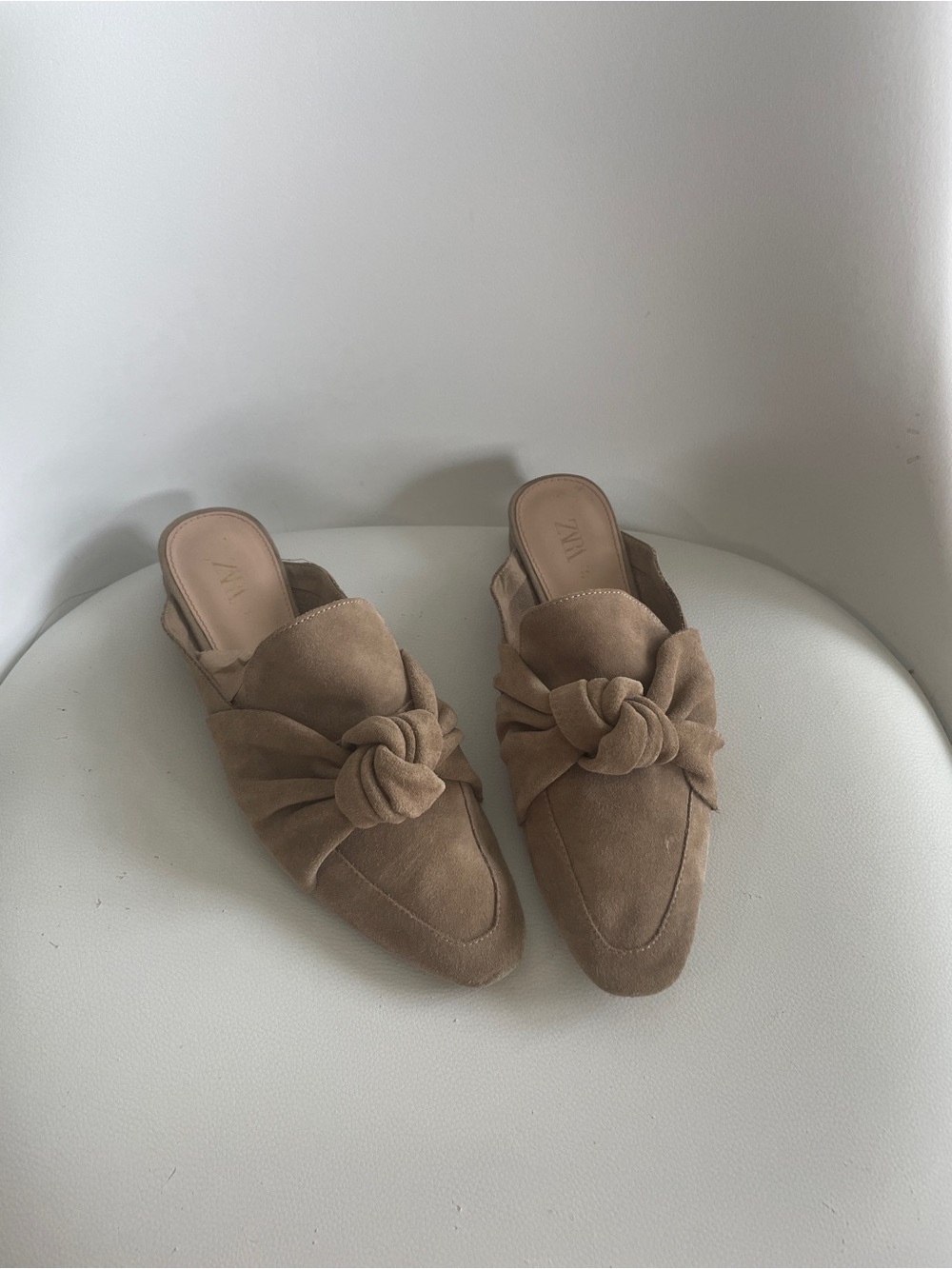 Zara Tan Suede Knotted Mule Flats
